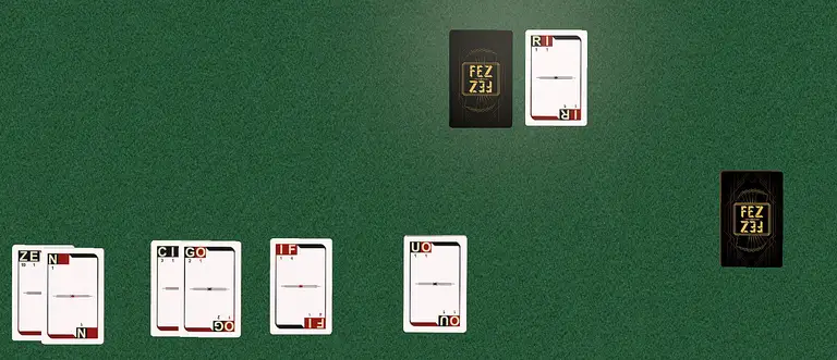 Left plays 'ZEN', 'CIG' & 'IF' all flushes for double points, discards 'UO' and draws 5 new cards.