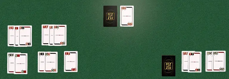 Left plays all 6 cards, 'SHIN' & 'TARE' flushes